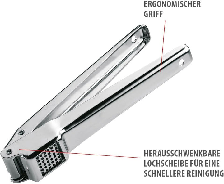 GEFU Knoblauchpresse AGLIO | Edelstahl-Knoblauchdrücker mit schwenkbarem Siebeinsatz, Profi-Qualität