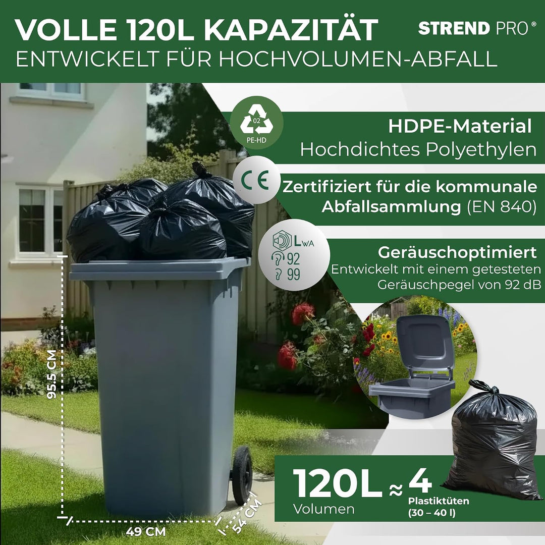 STREND PRO Mülltonne 120L Grau | Grosse Tonne für Restmüll &amp; Haushalt | Mülleimer mit Deckel &amp; Räder
