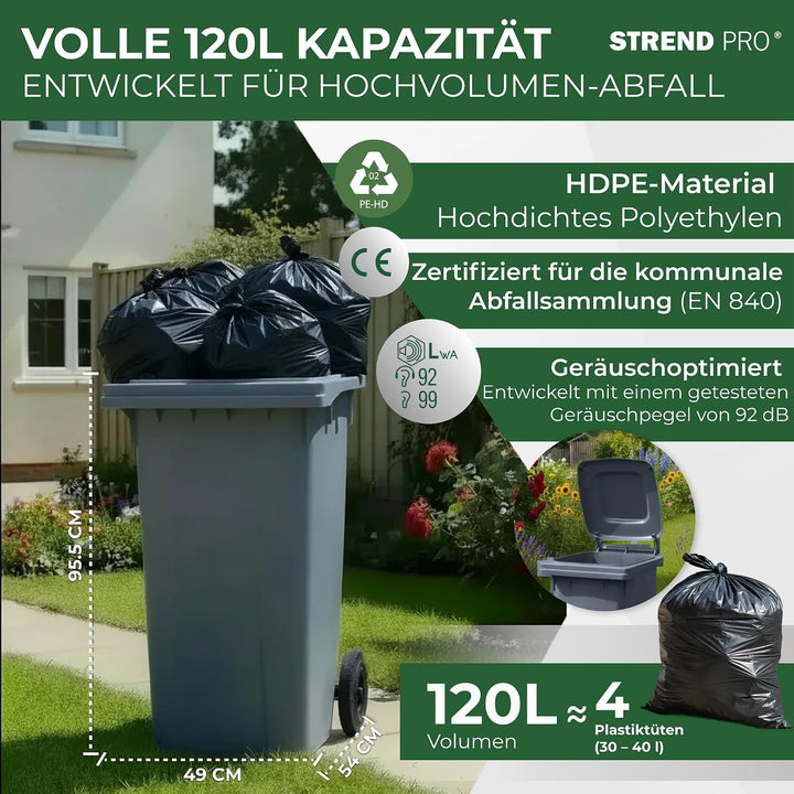 STREND PRO Mülltonne 120L Grau | Grosse Tonne für Restmüll &amp; Haushalt | Mülleimer mit Deckel &amp; Räder