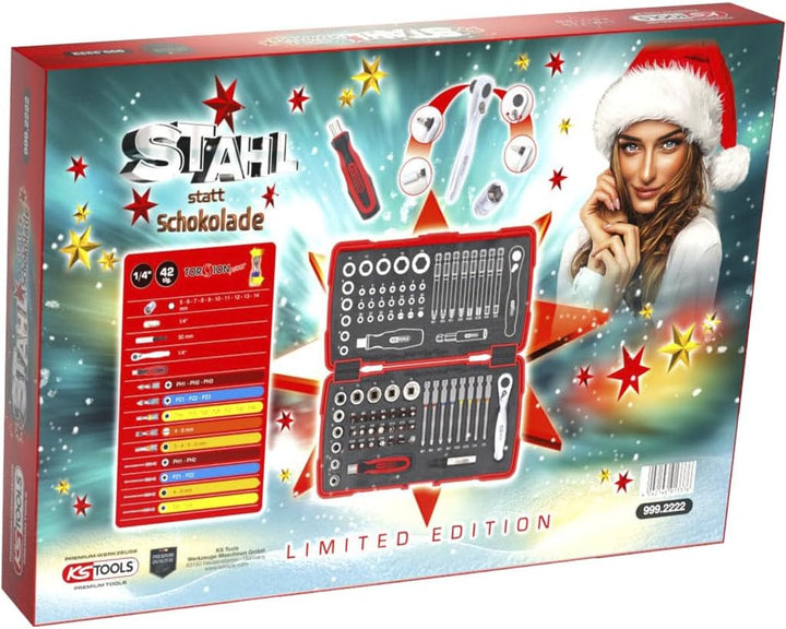 KS Tools 999.2222 Adventskalender 2023 / Profi-Torsions-Bit Satz mit 1/4" Bit-Umschaltknarre und 1/4