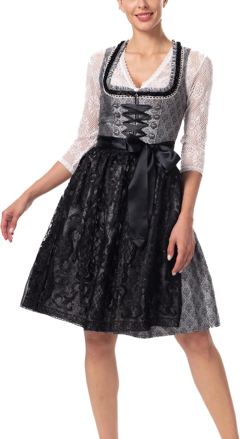 Dirndlparty Dirndl Schwarz Trachtenkleid Dirndl Damen Midi mit Spitzenschürze, 60cm Knielang Dunkel