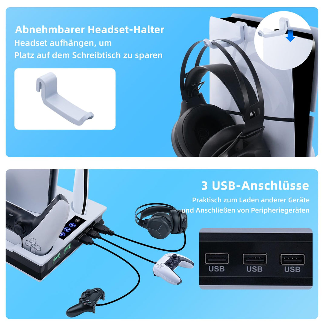Mcbazel PS5 Pro/ PS5/ PS5 Slim Ladestation Ständer mit 3 Stufig Lüfter und Licht, PS5 Ständer Contro