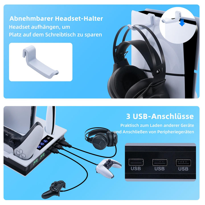 Mcbazel PS5 Pro/ PS5/ PS5 Slim Ladestation Ständer mit 3 Stufig Lüfter und Licht, PS5 Ständer Contro