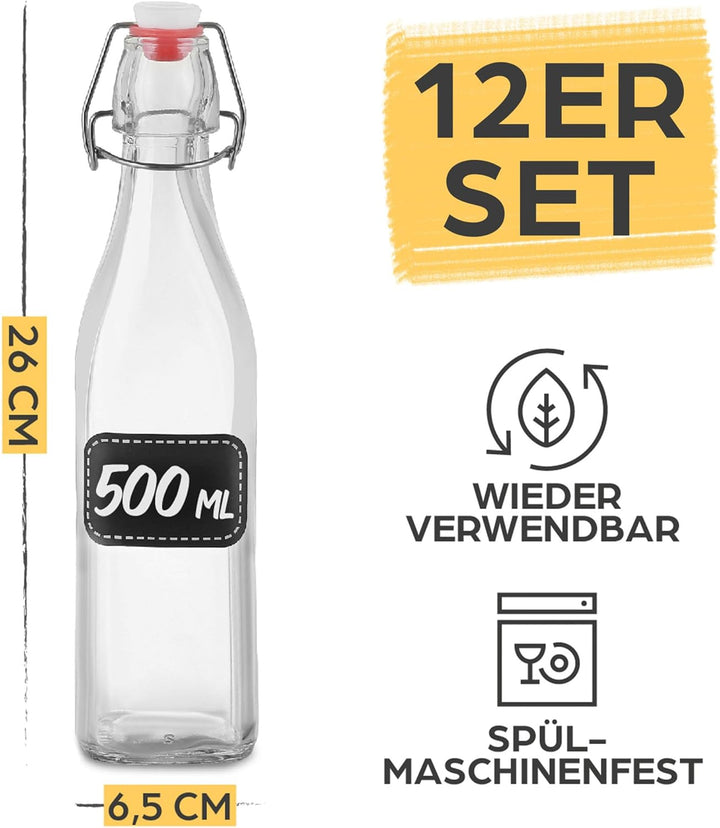 Praknu 12er Set Glasflaschen 500ml Bügelverschluss Eckig - Bügelflaschen Zum Befüllen - inkl 6 Extra