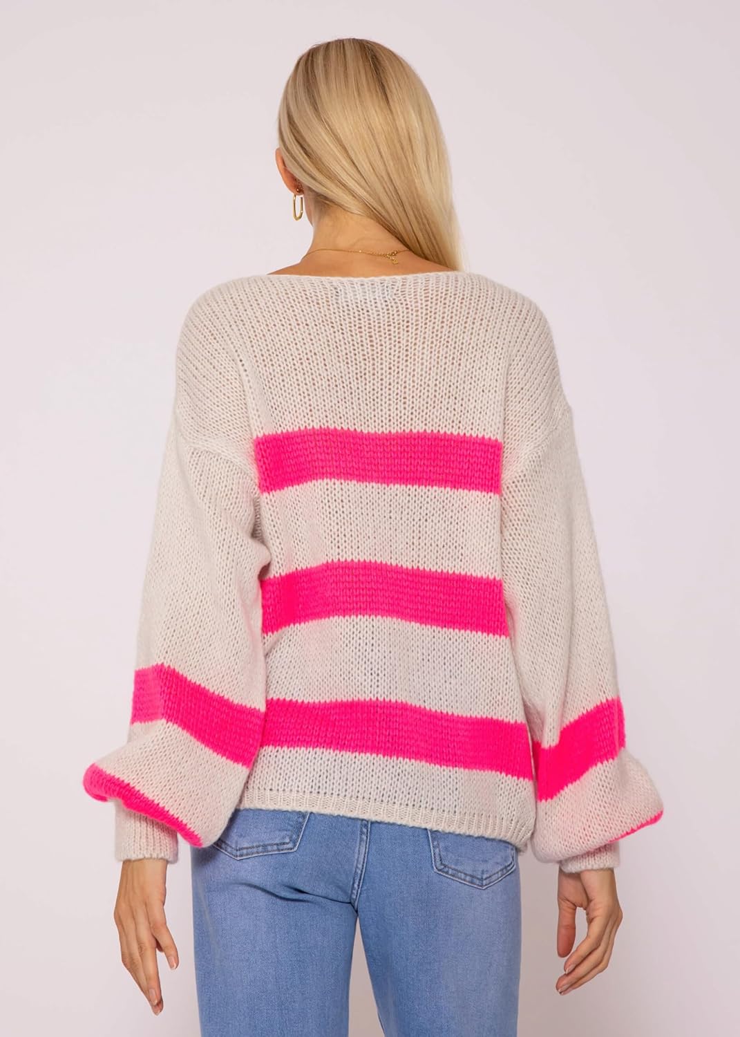 SASSYCLASSY Streifen Strickpullover Damen Oversize - Madie in Italy - grobmaschig V Ausschnitt Pulli