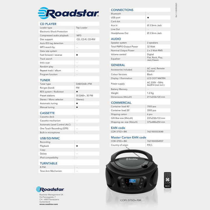 Roadstar CDR-375D+/BK Tragbares Radio CD Player, Spieler CD-MP3, CD-R, CD-RW, Radio DAB/DAB+ / FM, U