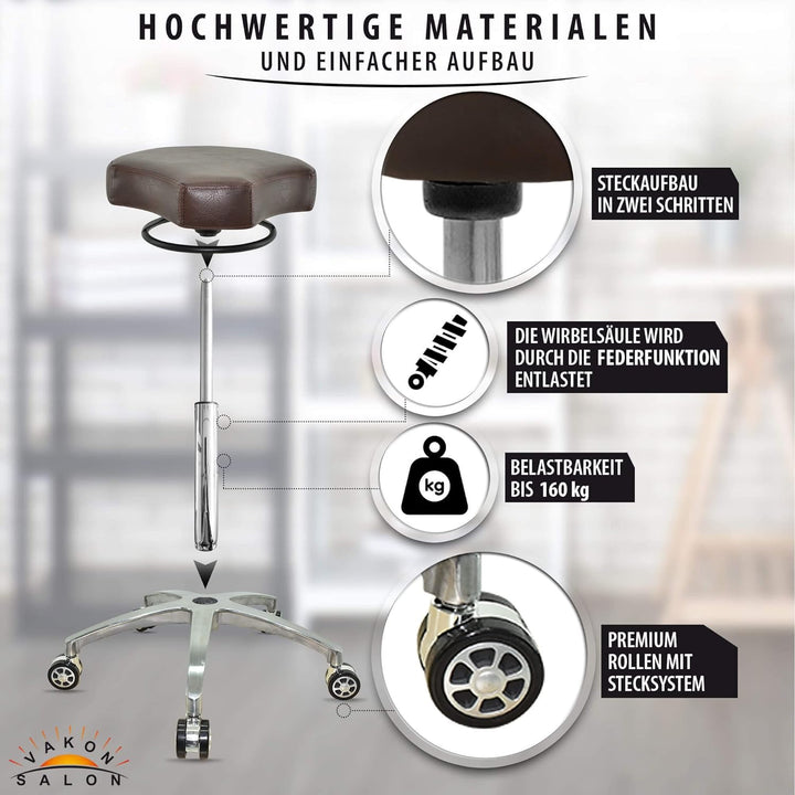 VAKON SALON - Ergonommischer Rollhocker auf hochwertigen Rollen Braun - Höhenverstellbarer von 50 bi