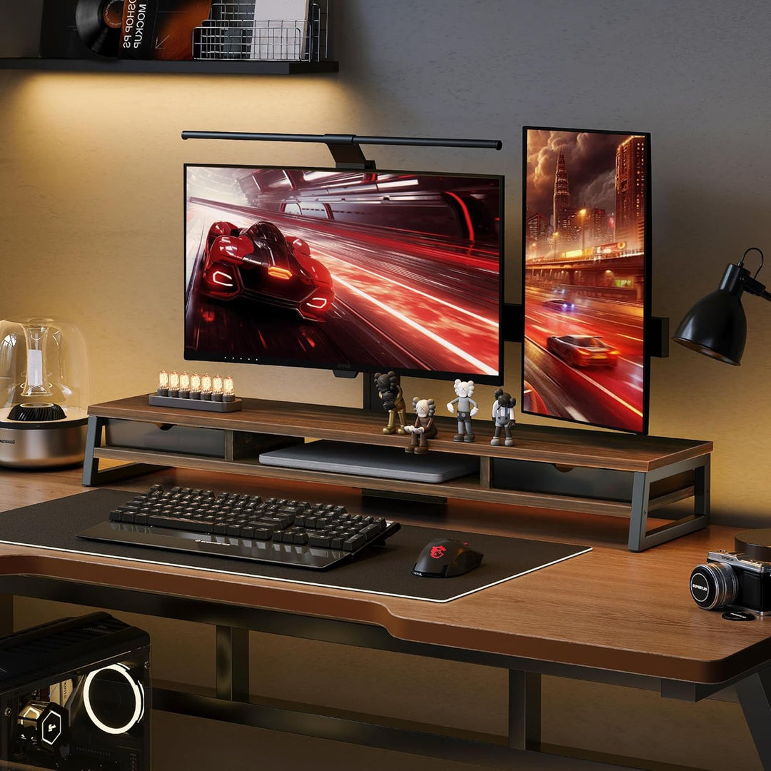 Fenge Dual Monitorständer Riser mit 2 Acryl Schubladen 2 Etagen 108cm Computer Bildschirmständer für