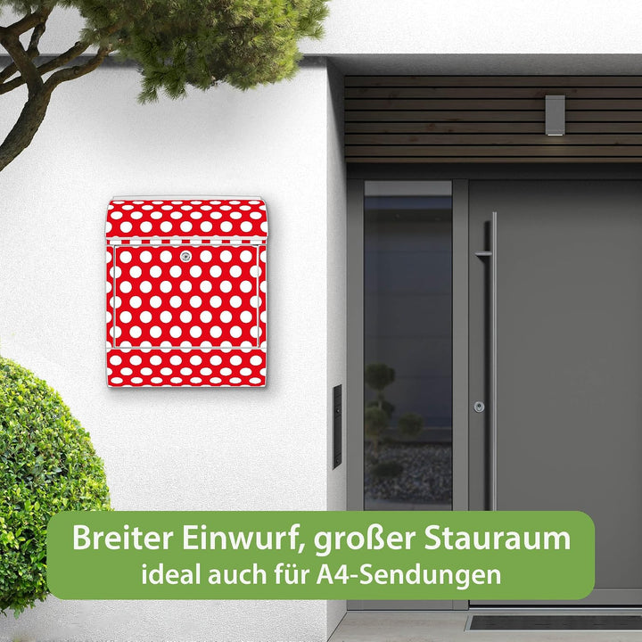 banjado® Design Briefkasten mit Motiv Punkte Rot 39x47x14cm &amp; 2 Schlüssel - Briefkasten Stahl weiss