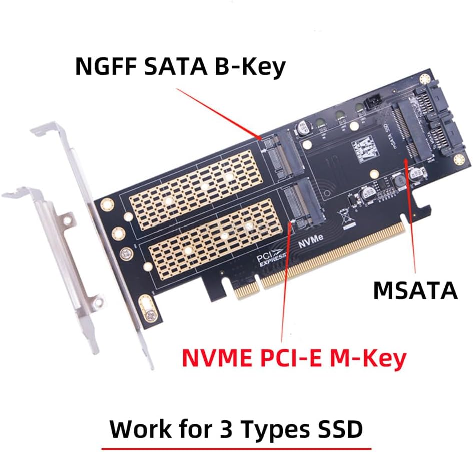 xiwai PCI Express PCI-E 3.0 und Dual SATA auf NGFF NVME MSATA M-Key B/M-Key SSD Adapter 3-in-1 PCI-E