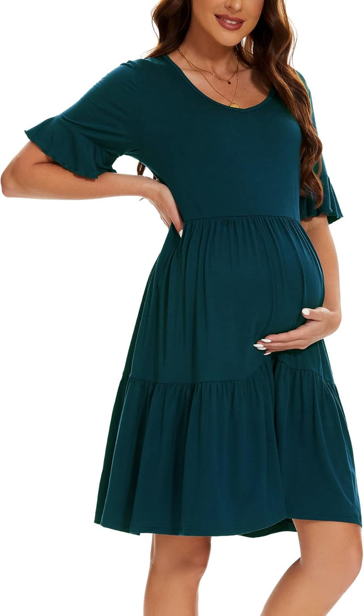 Smallshow Damen Umstandskleid Kurzarm Sommer Schwangerschafts Umstandsmode Kleid S Blaugrün, S Blaug