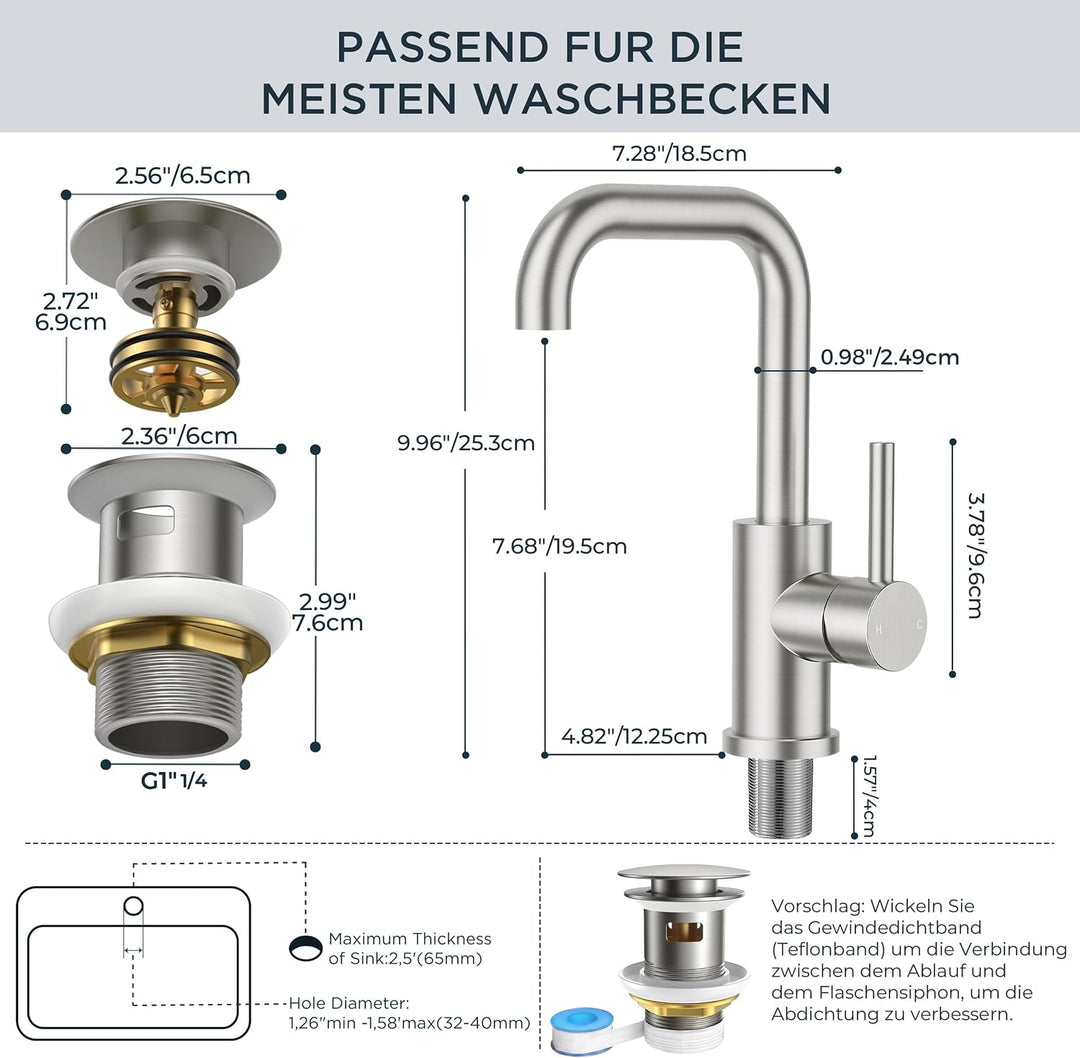 FORIOUS Wasserhahn Bad Hoch mit Ablaufgarnitur，360° Drehbar Edelstahl Waschtischarmatur Hoch mit War