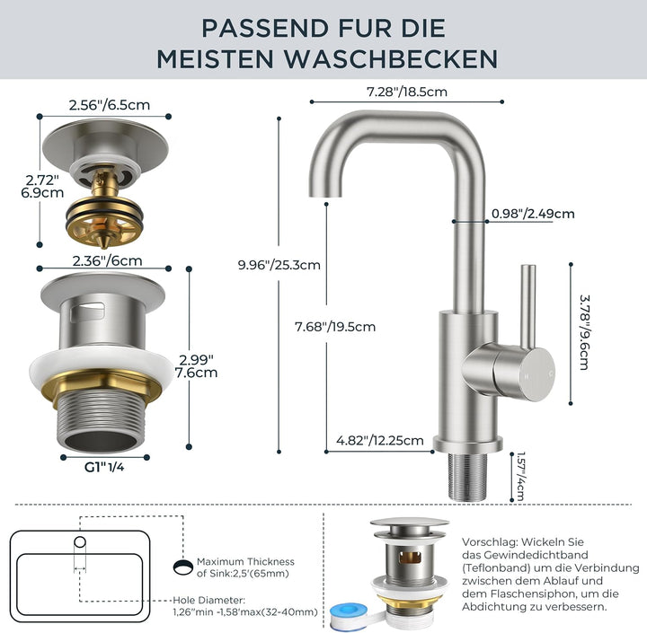 FORIOUS Wasserhahn Bad Hoch mit Ablaufgarnitur，360° Drehbar Edelstahl Waschtischarmatur Hoch mit War