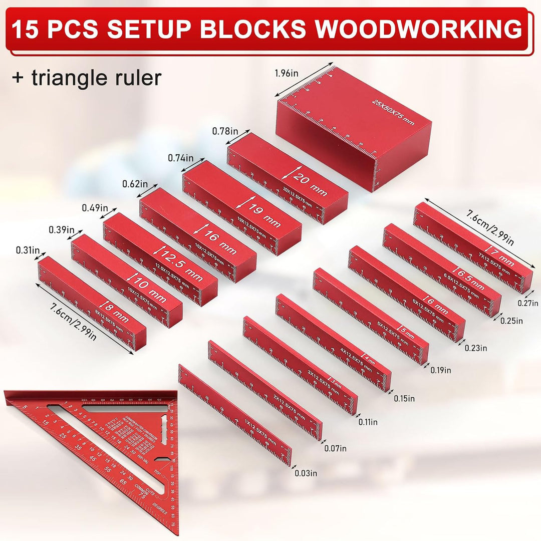 15-tlg. Setup Blocks Woodworking Set Metrisch, Aluminium Einstellblöcke mit Dreieckslineal und Koffe