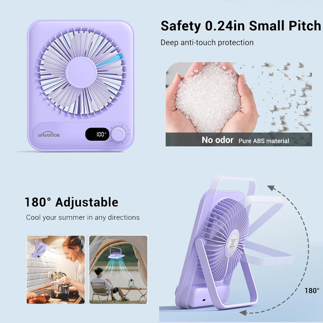 WHATOOK Leiser USB-Tischventilator: Stufenlos 1-100 Regler, 2000mAh Akku Tragbarer Lüfter mit LED-An