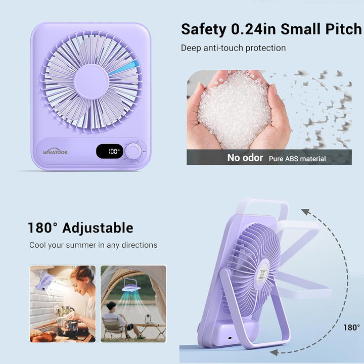 WHATOOK Leiser USB-Tischventilator: Stufenlos 1-100 Regler, 2000mAh Akku Tragbarer Lüfter mit LED-An