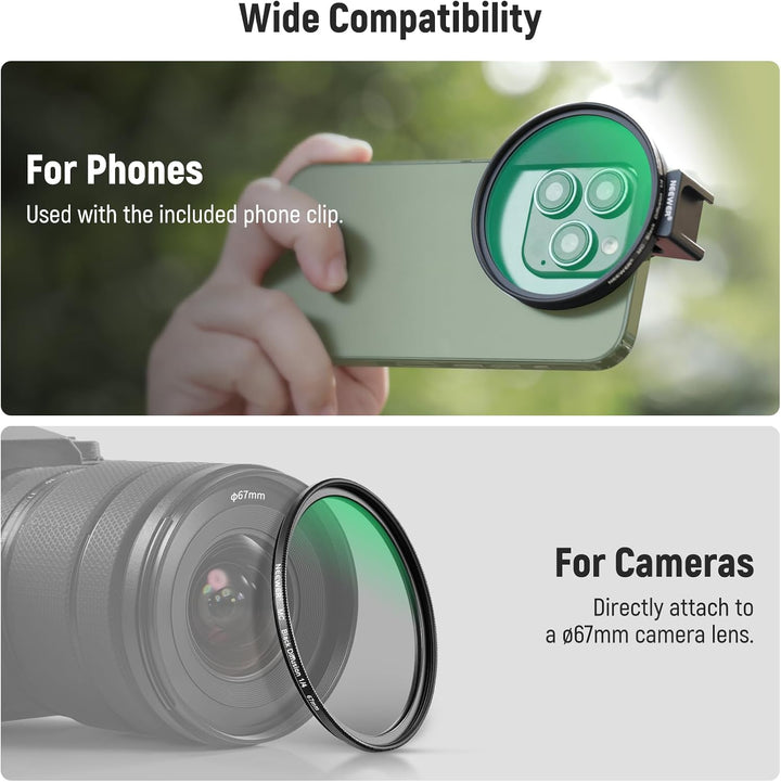 NEEWER 67 mm 1/4 schwarzer Diffusionsfilter & Kaltschuh-Handyclip für Handy, inklusive Tragetasche u