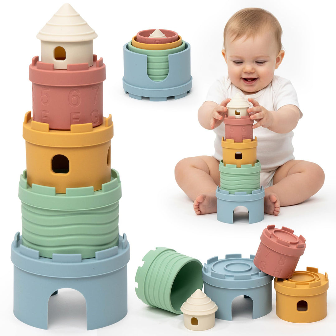 Stapelbecher Baby Silikon Montessori Spielzeug 3 in 1 – Stapelturm, Beissring & Badespielzeug | Sens