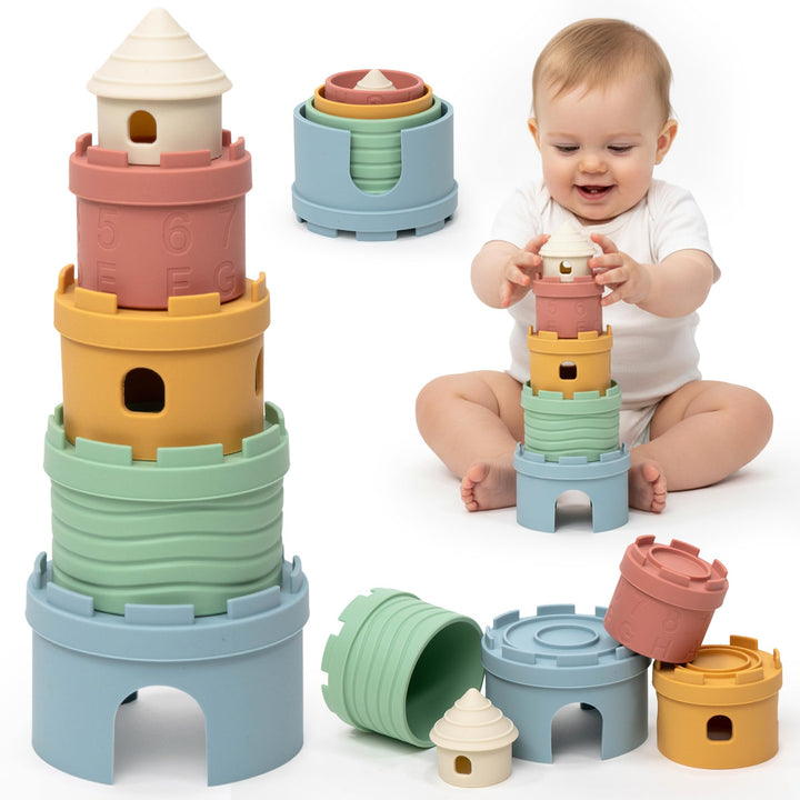 Stapelbecher Baby Silikon Montessori Spielzeug 3 in 1 – Stapelturm, Beissring & Badespielzeug | Sens
