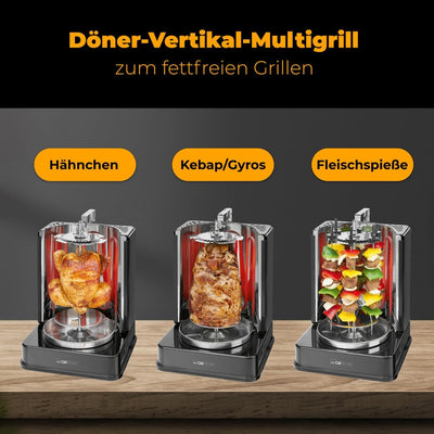 Clatronic DVG 3686 elektrischer Dönergrill, 3in1 Döner-/Hähnchen und Schaschlik-Vertikal-Multigrill,