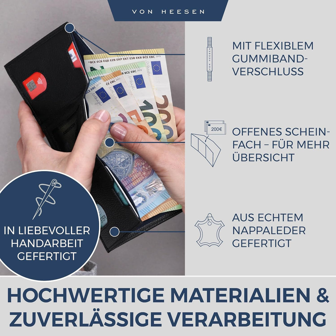 VON HEESEN Slim Wallet mit XL Münzfach &amp; RFID-Schutz - Leder Geldbeutel - Mini Geldbörse für Herren