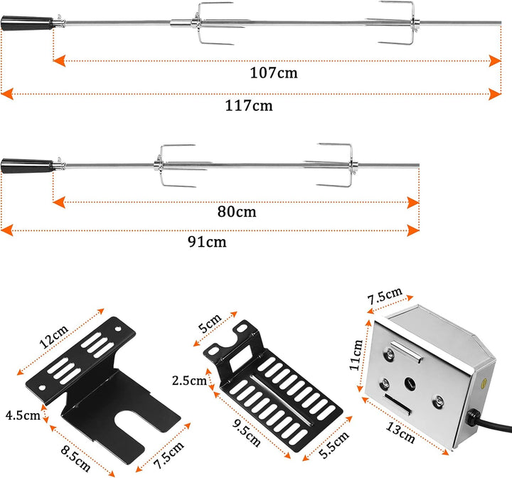 HENGMEI Edelstahl Grillspiess Set 107cm BBQ Fleischklammer mit Motor inkl. Fleischnadeln, 220V - 240