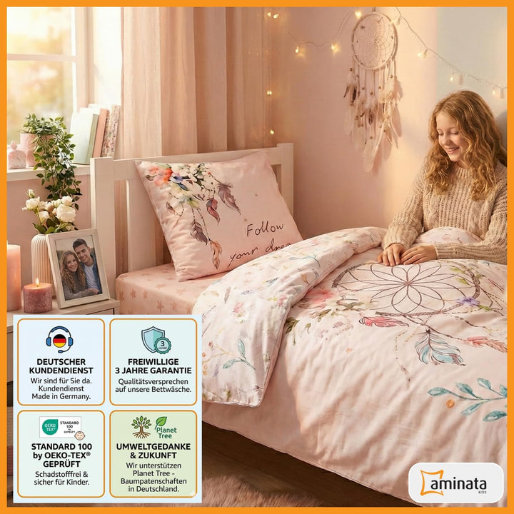 Aminata kids Bettwäsche Traumfänger 135x200 Mädchen Biber warm, weich &amp; kuschelig mit Reissverschlus
