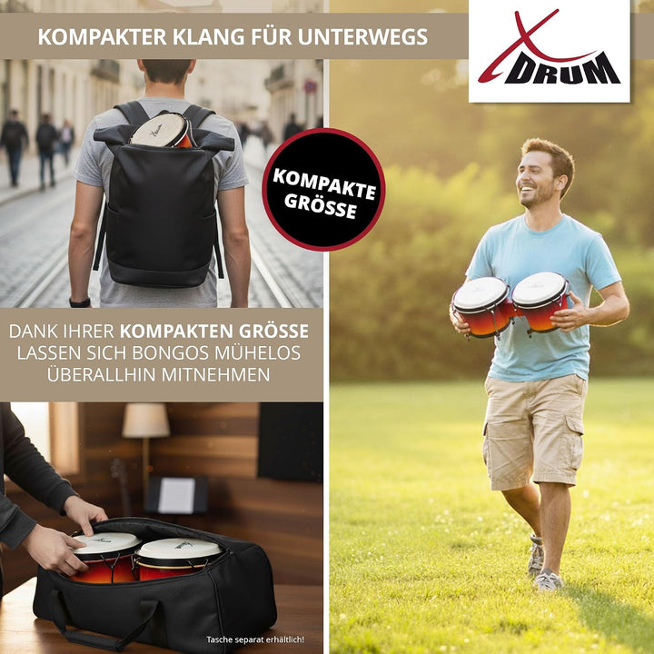 XDrum Bongos Club - 6" Macho und 7" Hembra - Naturfelle - professionelles Stimmsystem - Schwarz sati