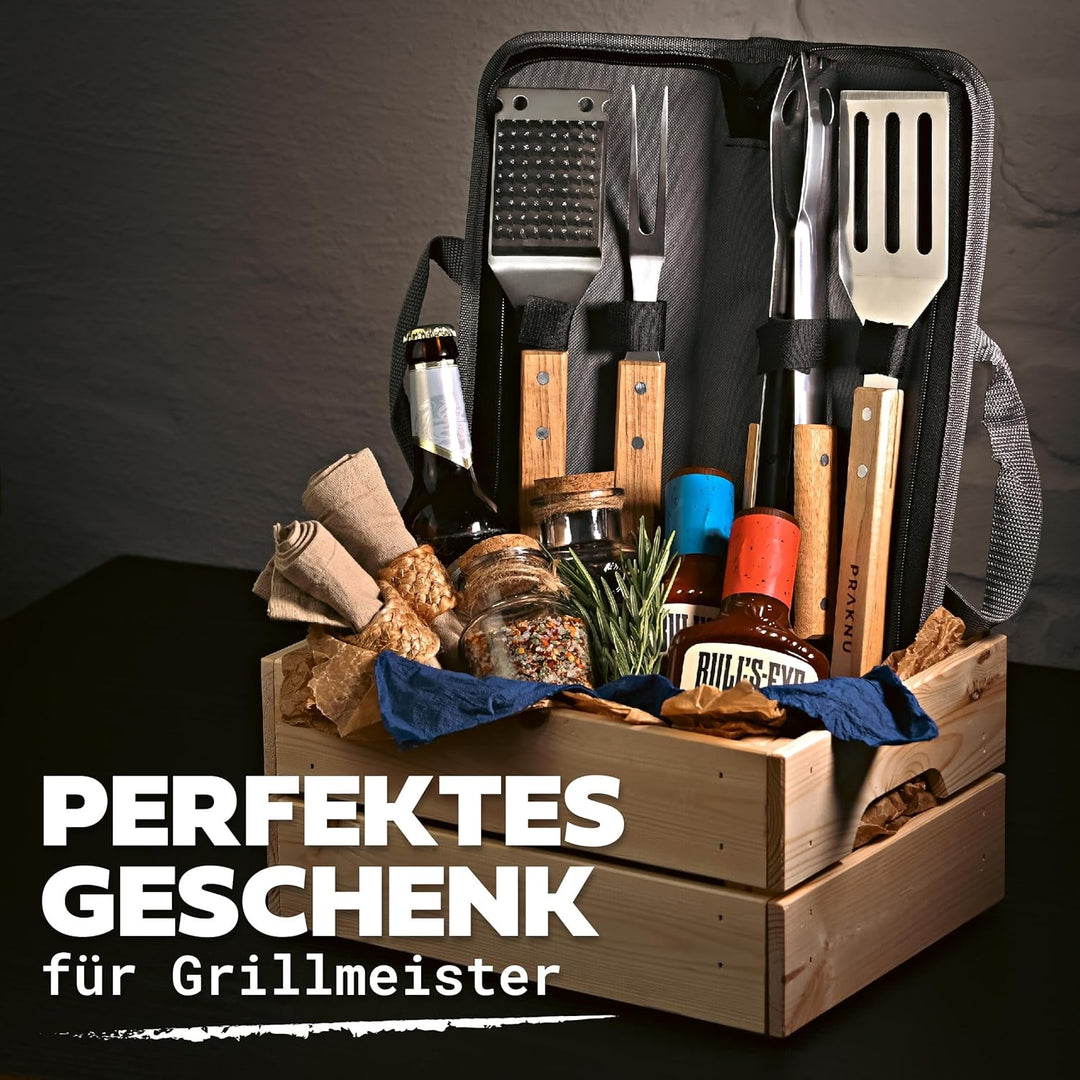 Praknu Grillbesteck Set mit Holzgriffen und Tragetasche - Hitzebeständig, Rostfrei und Robust - Gril