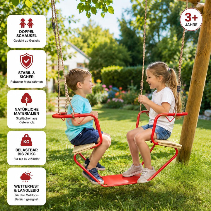 Doppelschaukel für Kinder Gesicht zu Gesicht, stabile Doppelsitzschaukel aus Metall und Holz, wetter
