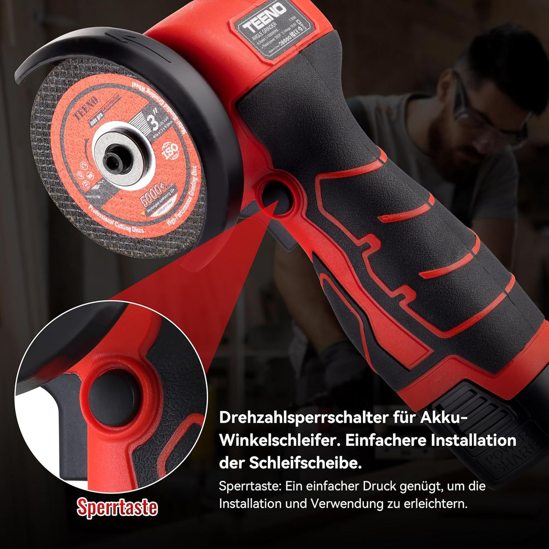 Winkelschleifer TEENO 19.500 U/min – kabellose Schleifmaschine, 76 mm, Komplettset mit 2 Akkus 2000