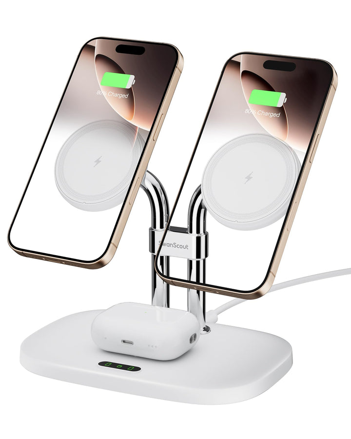 SwanScout Induktive Ladestation für iPhone 17/Air, SwanScout 706M, Mag-Safe Doppel Ladestation Kompa