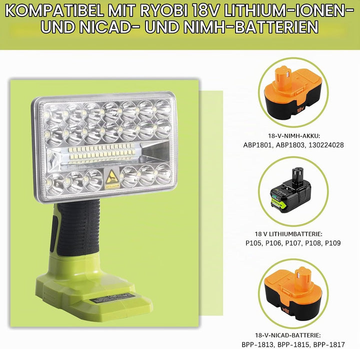 YEX-BUR 2000LM kabellose LED-Arbeitslichttaschenlampen Powered by Ryobi 18-Volt ONE + Lithium-Ionen-
