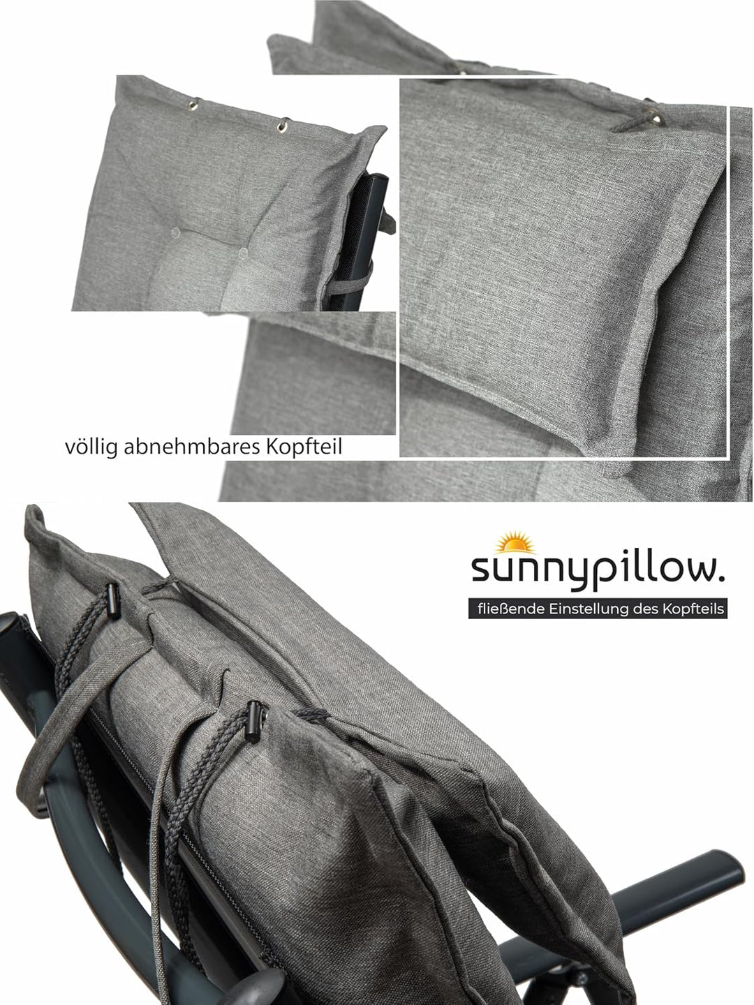 sunnypillow 2 Stück Gartenstuhlauflagen mit abnehmbarem Kopfpolster - 120 x 50 x 9cm - Stuhlauflagen