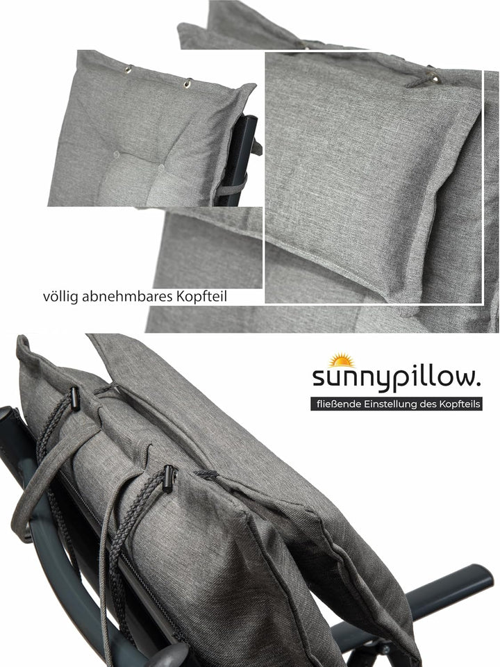 sunnypillow 2 Stück Gartenstuhlauflagen mit abnehmbarem Kopfpolster - 120 x 50 x 9cm - Stuhlauflagen
