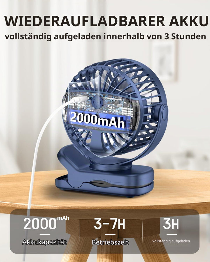 TUNISE USB Ventilator mit Clip, Mini Ventilator 3 Stufen 4,5 m/s, 2000mAh Akku 9,5Std Laufzeit, Tisc