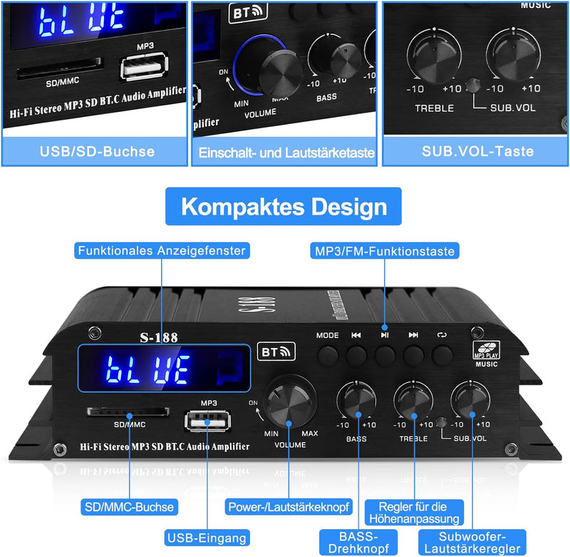 HiFi Verstärker S-188 2.1-Kanal Bluetooth 5.0 Mini Audio Verstärker RMS 40Wx2+50W Max.600W Leistung