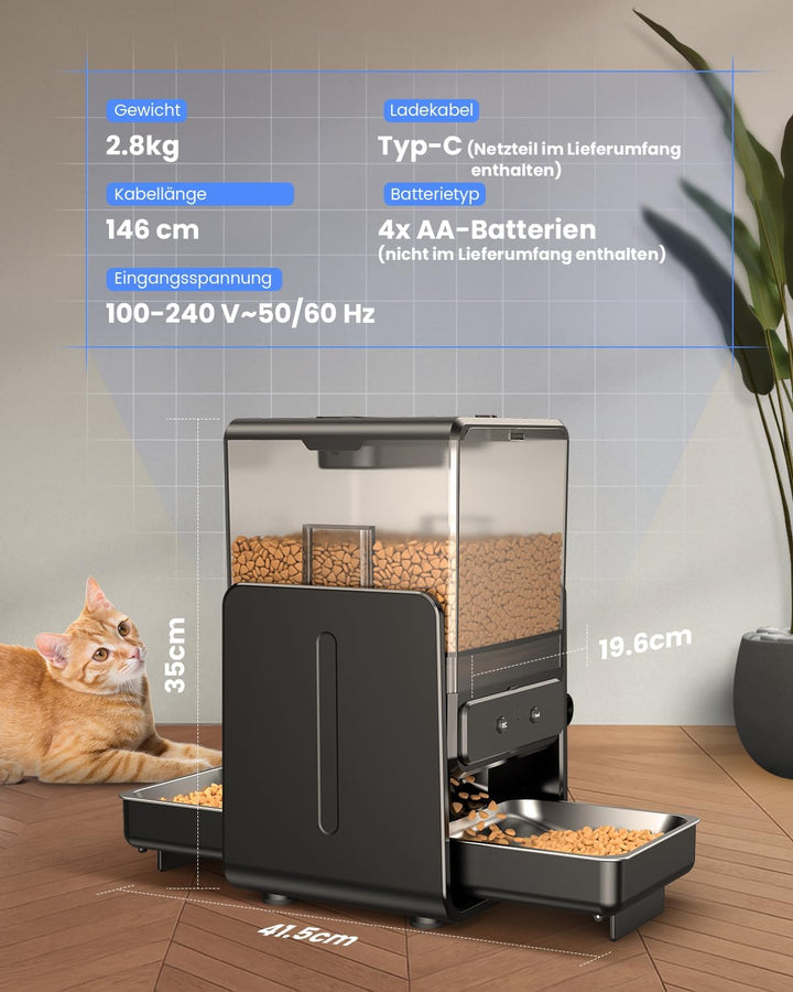 Futterautomat Katze mit App-Steuerung für 2 Katzen, höhenverstellbar für Kleintiere, 2 Näpfe, 5-Lite