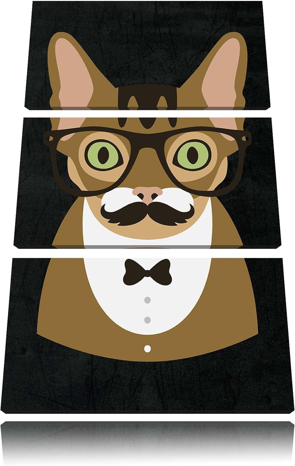 Pixxprint Hipster Katze mit Brille, Schnurbart und Fliege (Main Coon) schwarz 3-Teiler Leinwandbild