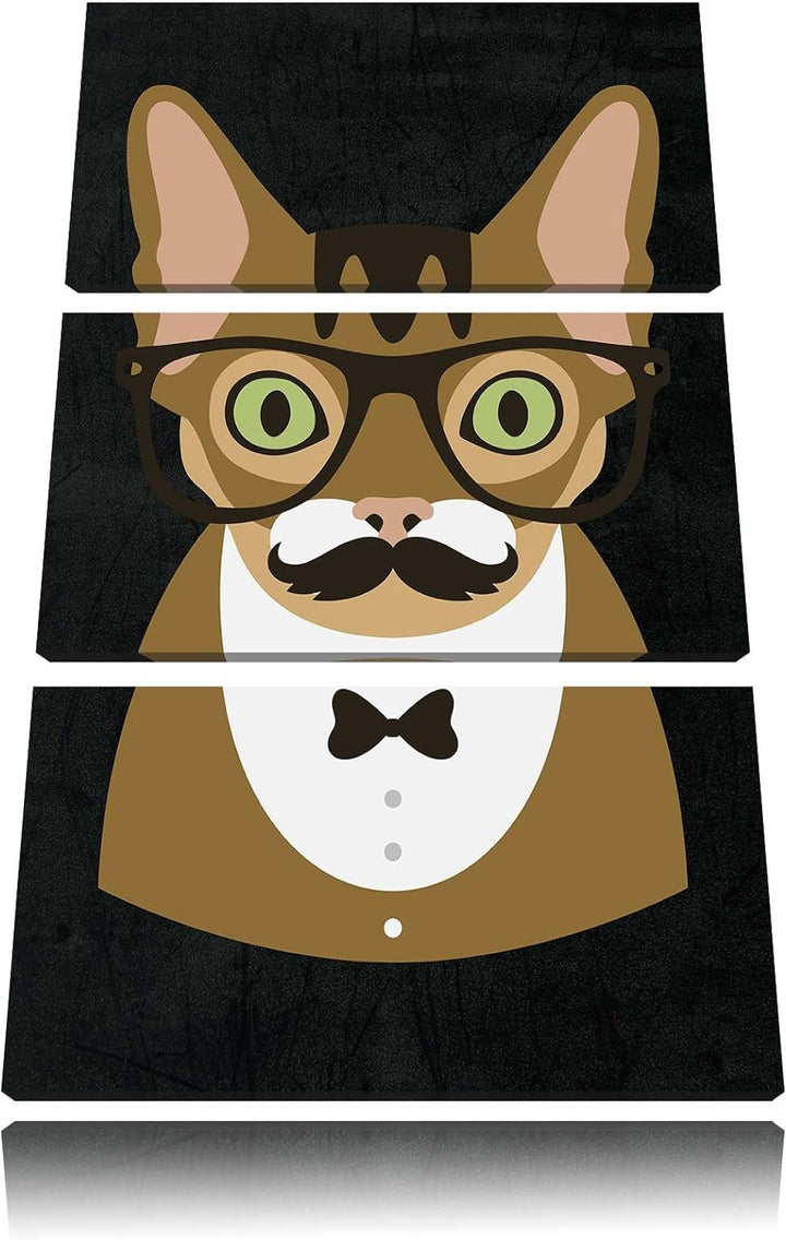 Pixxprint Hipster Katze mit Brille, Schnurbart und Fliege (Main Coon) schwarz 3-Teiler Leinwandbild