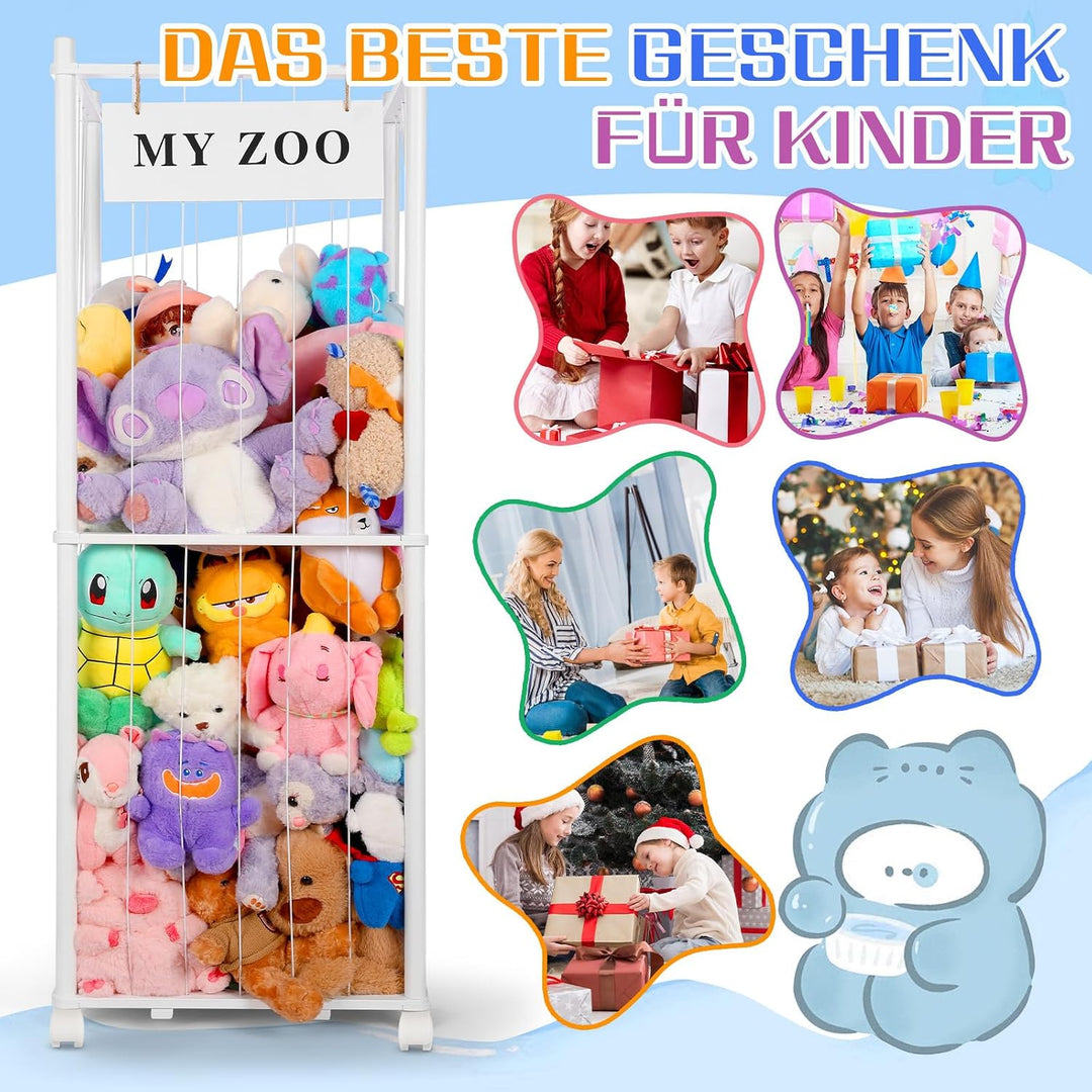 Massivholz Kuscheltier Aufbewahrung mit 360° Rollen &amp; Bremse – inkl. Baumwollnetz, Plüschtier Organi