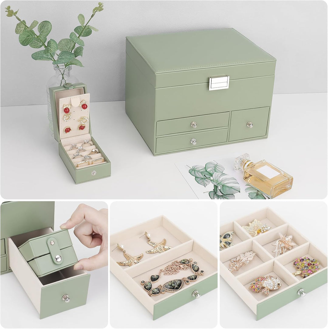 Schmuckkästchen, 3 Ebenen grosser PU Leder Reise Schmuckschatulle mit tragbarer Mini-Box für Reisen,