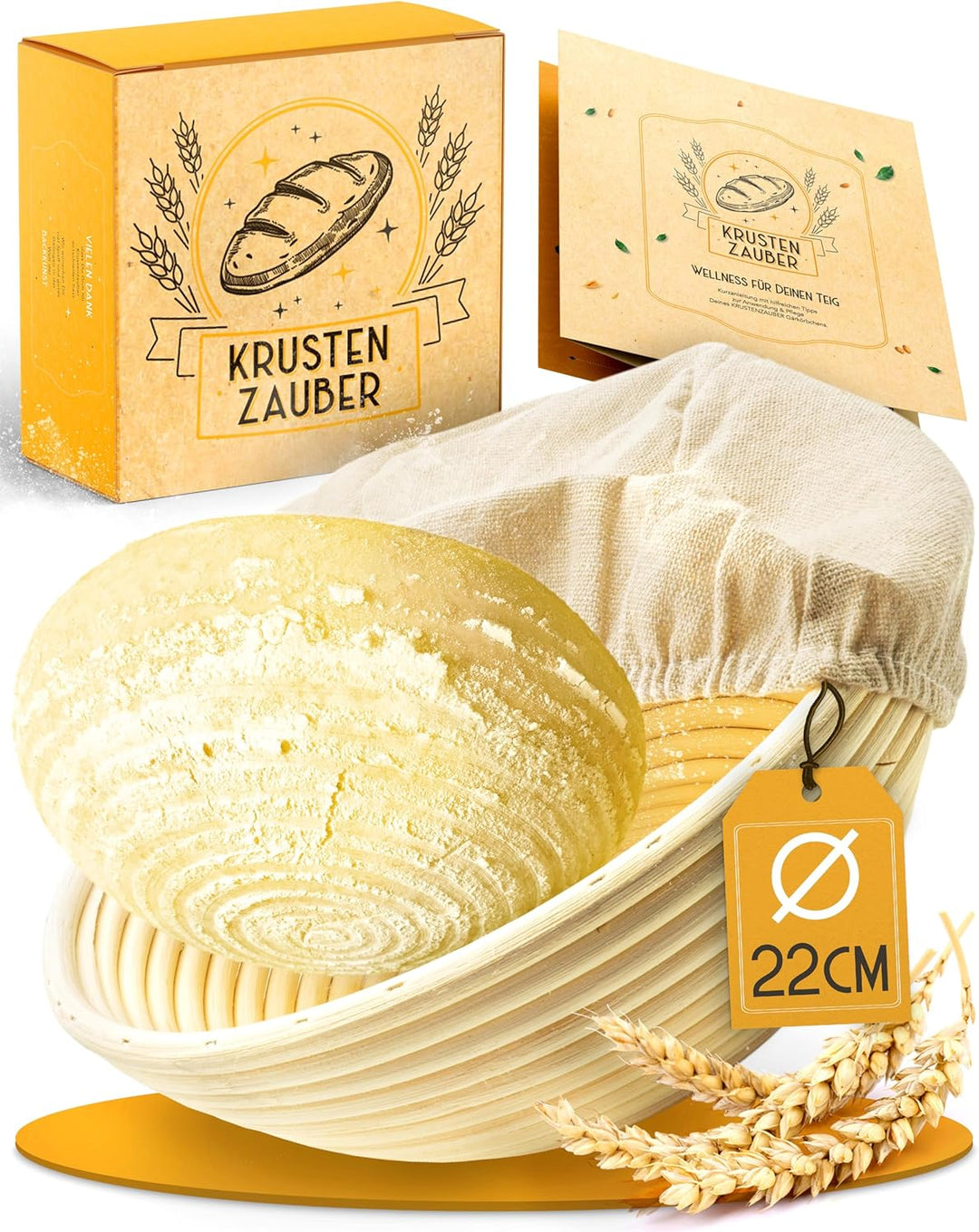 KRUSTENZAUBER Gärkorb zum Brotbacken rund 22cm - Rundes Gärkörbchen aus Rattan mit Gärtuch - Brot Ba