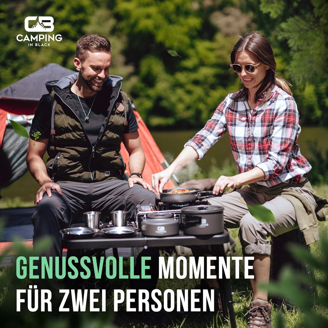 Camping in Black - Campinggeschirr Set - Kochgeschirr für 2 Personen aus Aluminium und Edelstahl