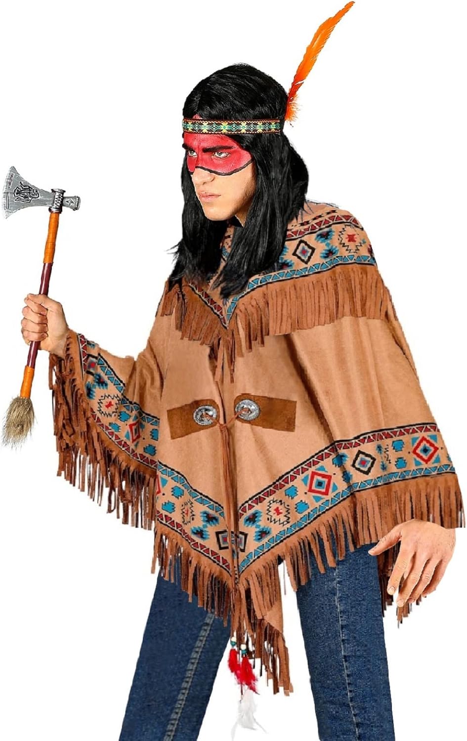 MIMIKRY Indianerin Indianer Poncho Wildleder-Optik mit Ethno-Druck Fransen Federn Wilder Westen West