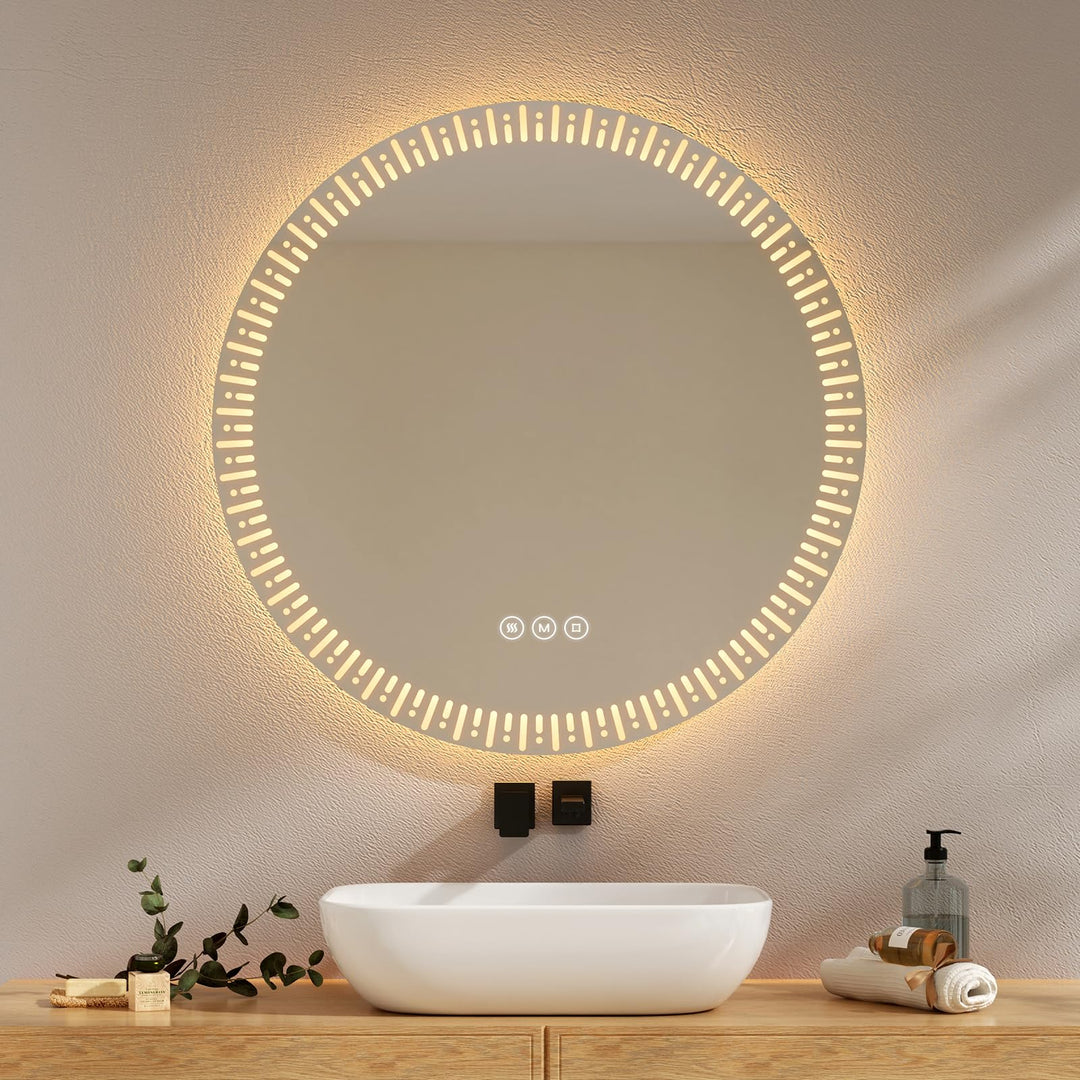EMKE Runder Spiegel mit Beleuchtung, 80 cm, Badezimmerspiegel mit 3 Lichtfarben, dimmbar, beschlagfr