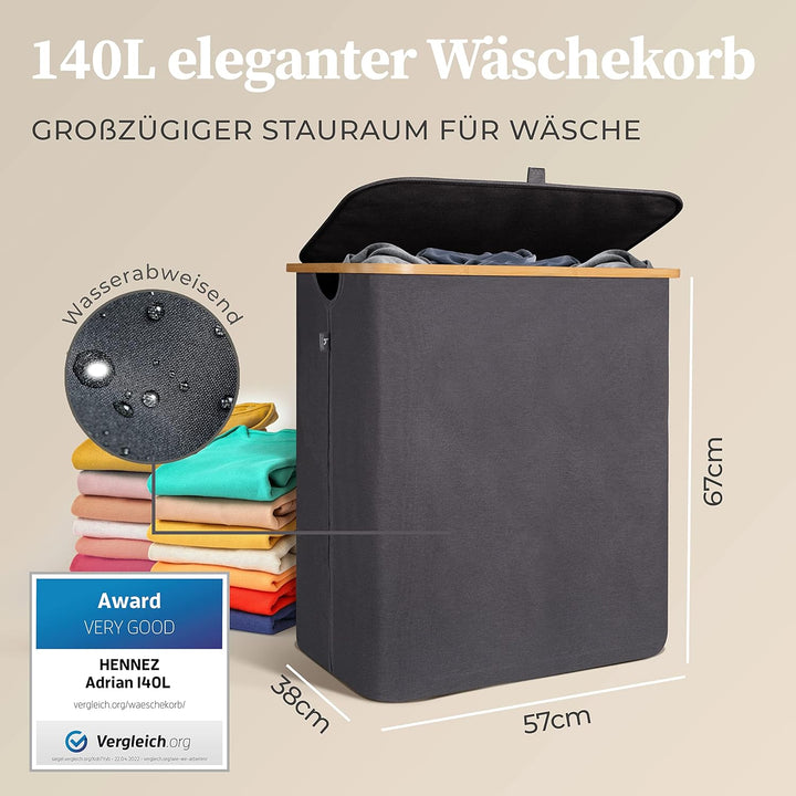 HENNEZ Wäschekorb mit Deckel 2 Fächer schmal grau 140L Wäschesack - Wäschesortierer Wäschebox Wäsche