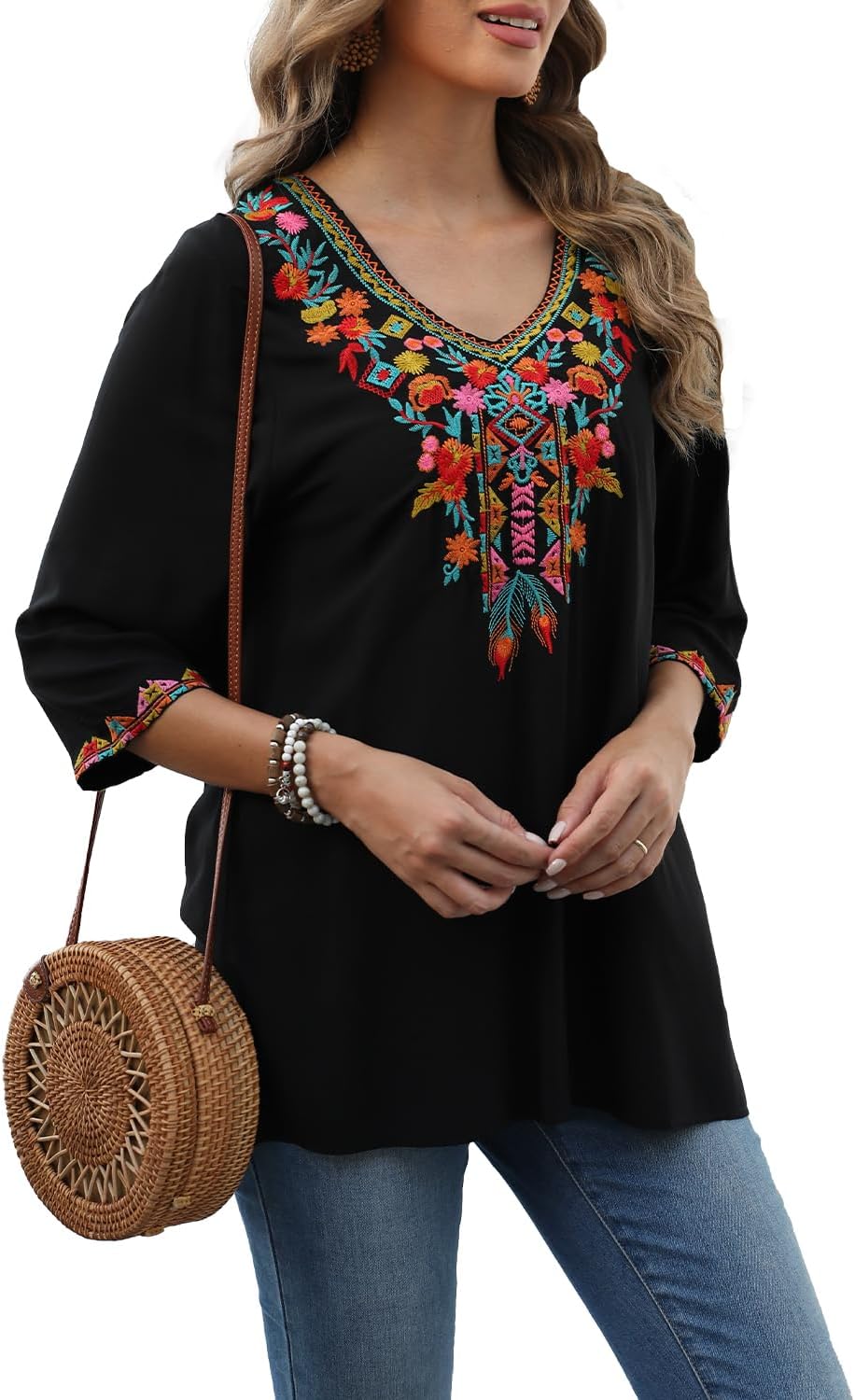 Seasonal Boho Tunika Damen Sommer Mexikanische Blumen Bestickt V-Ausschnitt Top 3/4 Ärmel Hippie Los