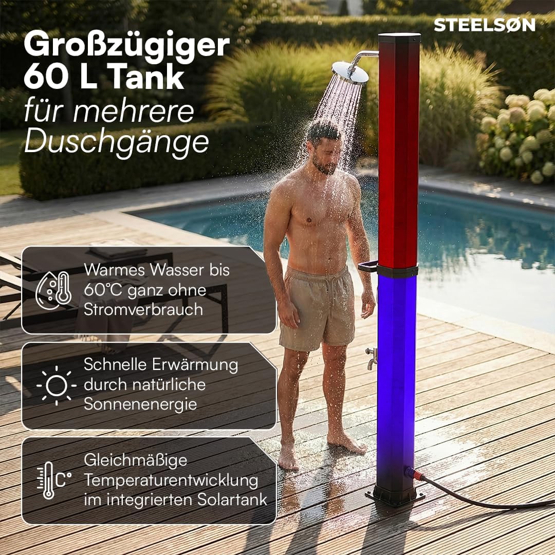 STEELSØN Xypher Solardusche 60 L ohne Bodenplatte – Gartendusche bis 60° C – Pooldusche ohne Stroman
