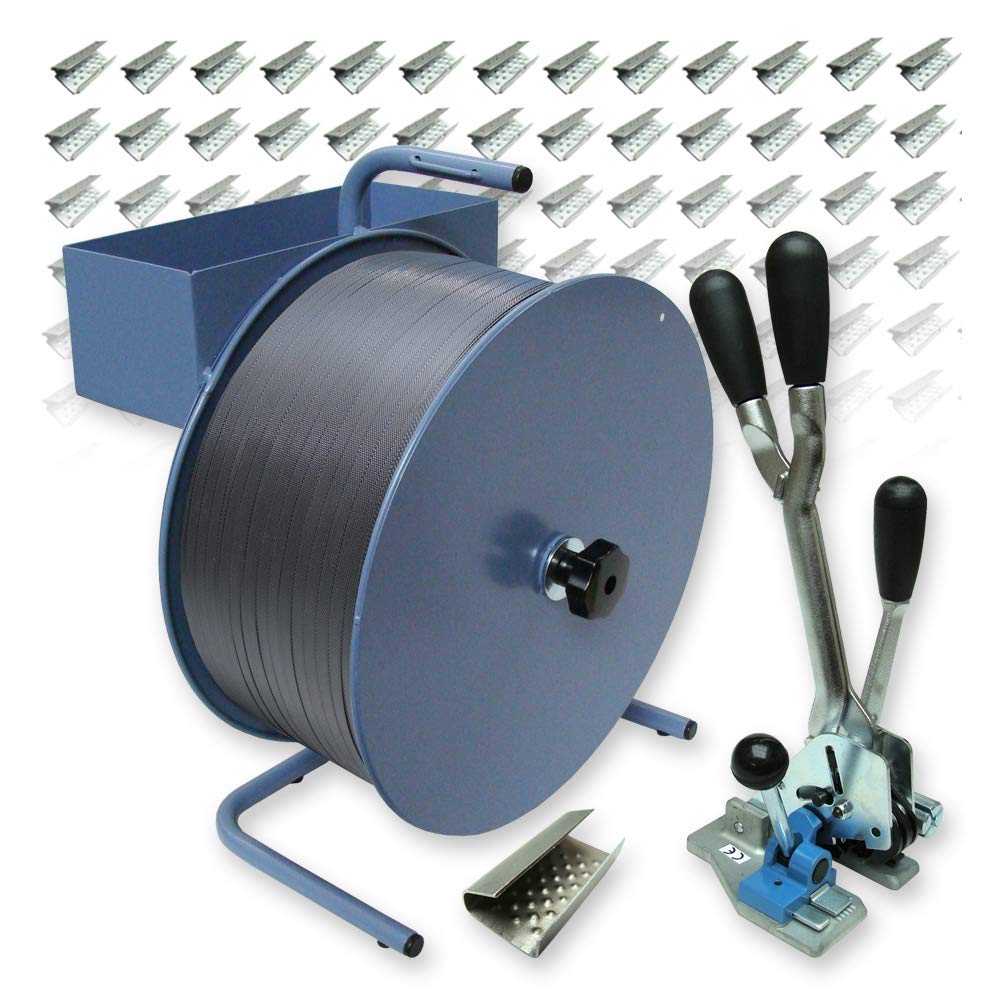 PP-Band Umreifungsset 12 mm - 3000 m Umreifungsband, Reissfestigkeit 135 kg mit Abrollgerät, Spann-
